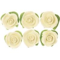 Cupcake Rose W/Leaves White H/sell 25mm (6pk)