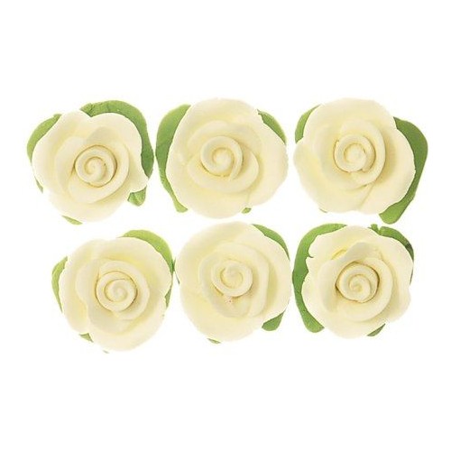 Cupcake Rose W/Leaves White H/sell 25mm (6pk)