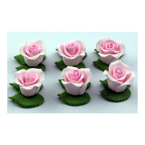 Cupcake Rose W/Leaves Pink 25mm H/sell (6pk)