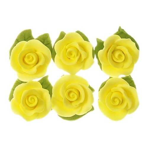 Cupcake Rose W/Leaves Lemon 25mm H/sell (6pk)