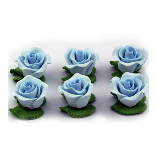 Cupcake Rose w/Leaves Blue 25mm H/sell (6pk)