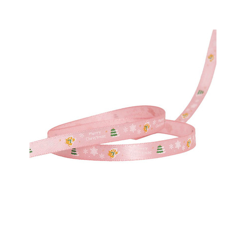  Ribbon Satin Merry Xmas Trees & Gingerbread Pink (10mmx20m)